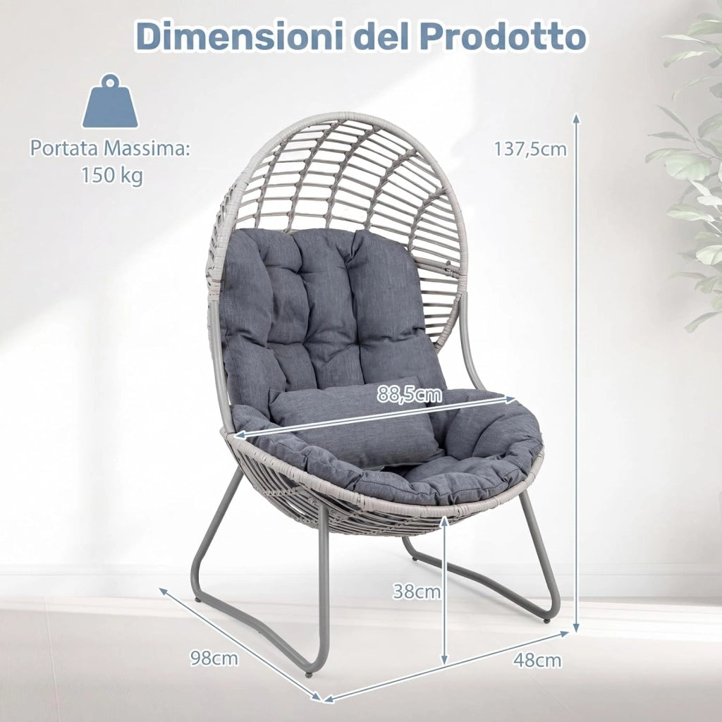 Poltrona da Giardino in PE Rattan, Sedia Relax a Nido con Cuscino Imbottito, Sedile Ampio e Telaio in Metallo, Poltrona per Lettura, Lounge e Riposo, per Esterno e Interno, Max 150 kg, Grigio