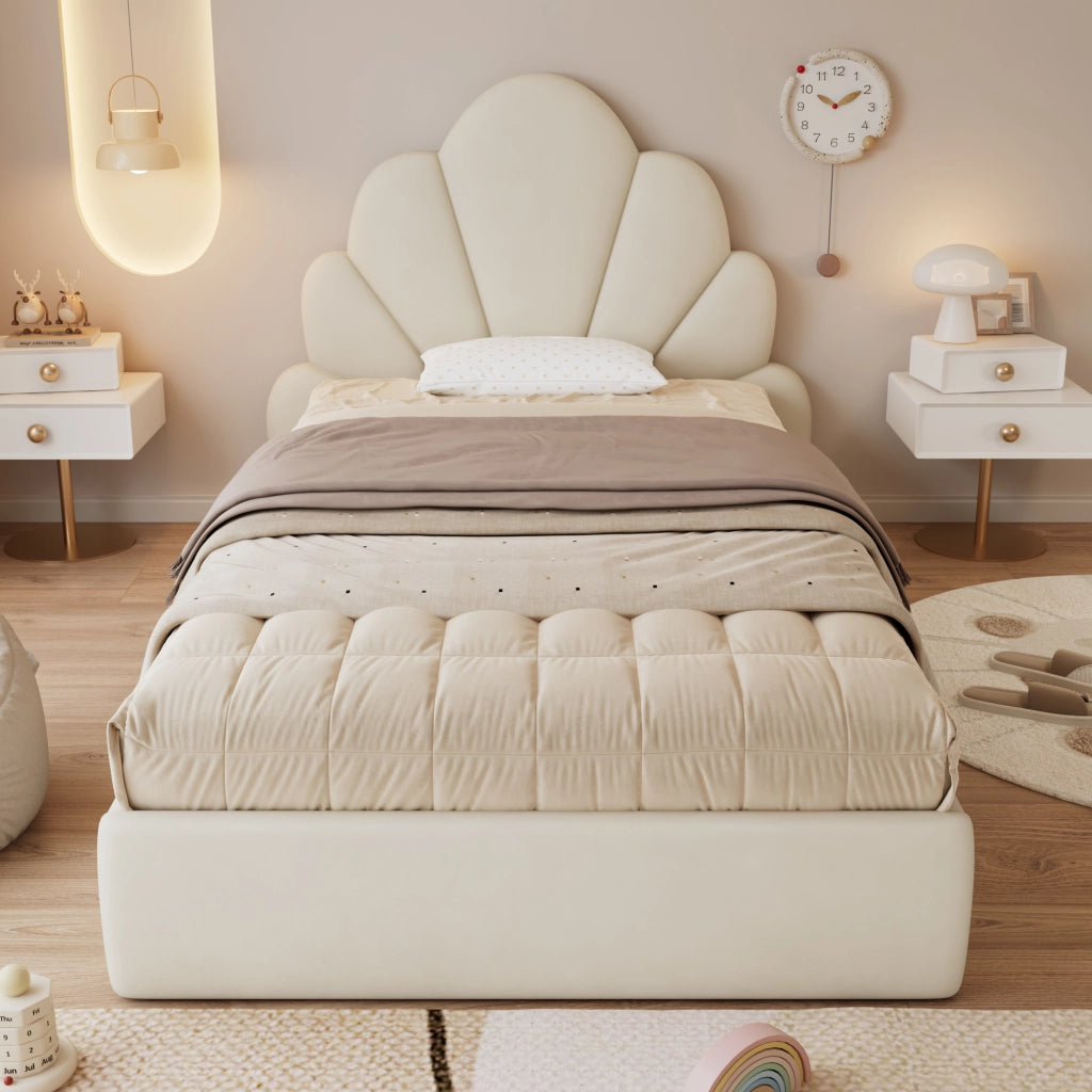 Letto Singolo 90 x 200 cm - Testiera a Petali e Tavolini Laterali - in Velluto - Beige