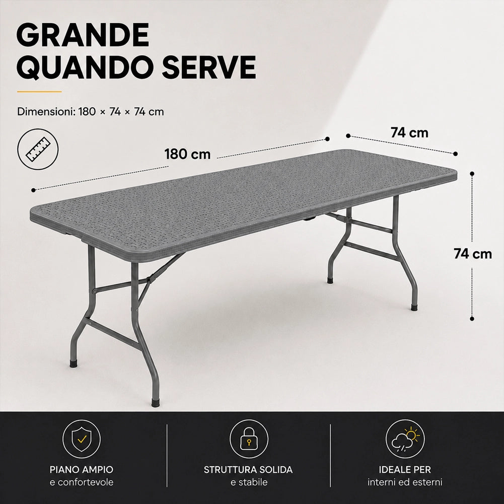 Tavolo Pieghevole Grigio Polyrattan Resistente Tavolino da Esterno 180x74x74cm