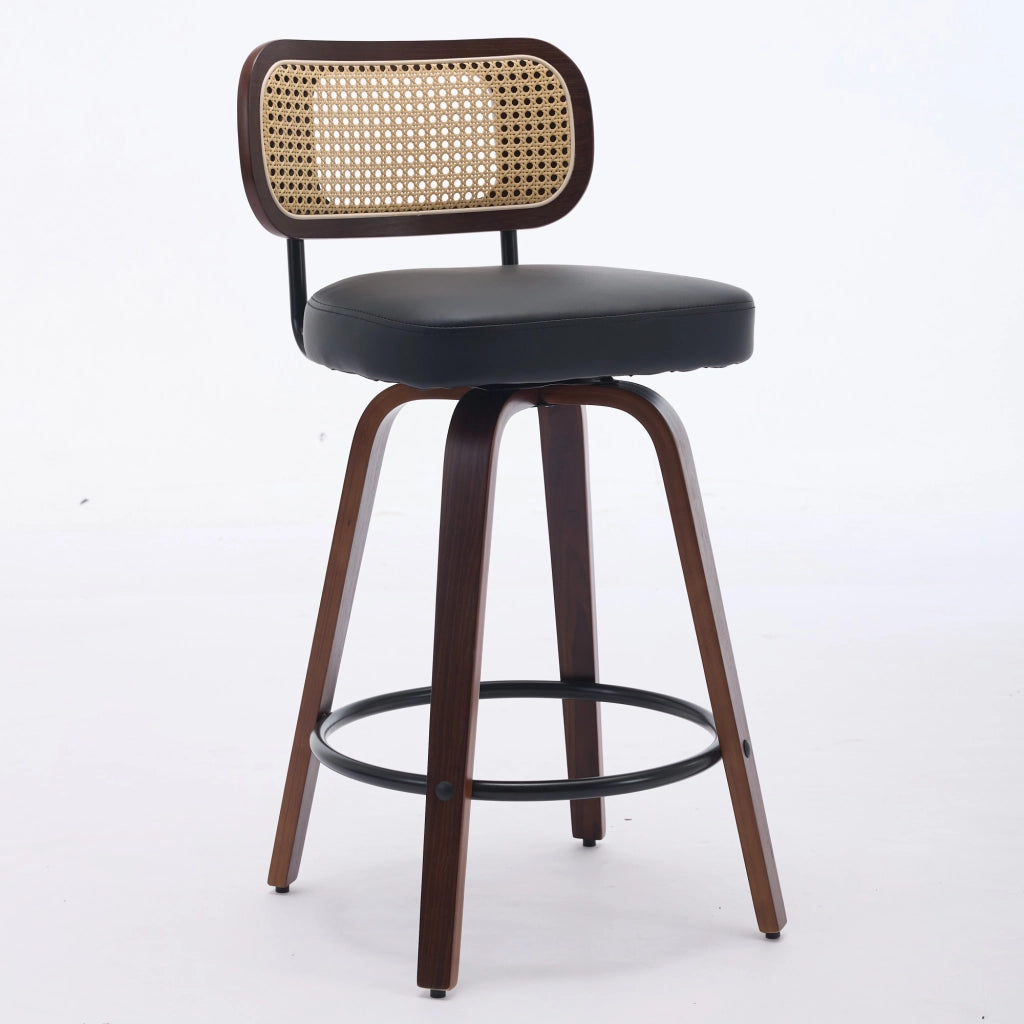 Set 2 Sgabelli da Bar ¨C MINIMAL ¨C Rattan, Seduta Imbottita, Girevoli, Noce/Nero, 66 cm