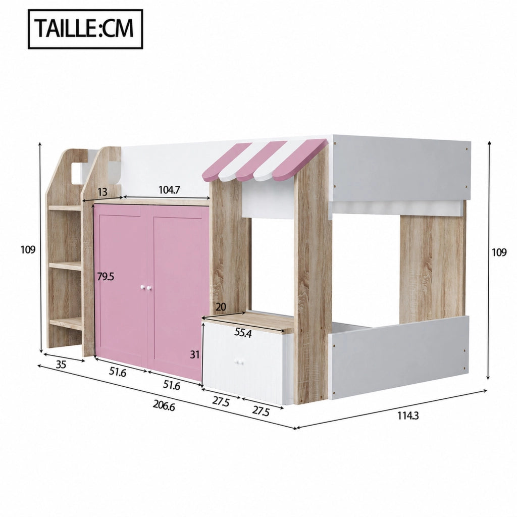 DESMIU Letto a soppalco per bambini 1 posto con scala, contenitori e ripiani, 90 × 200 cm, senza materasso, rosa e bianco