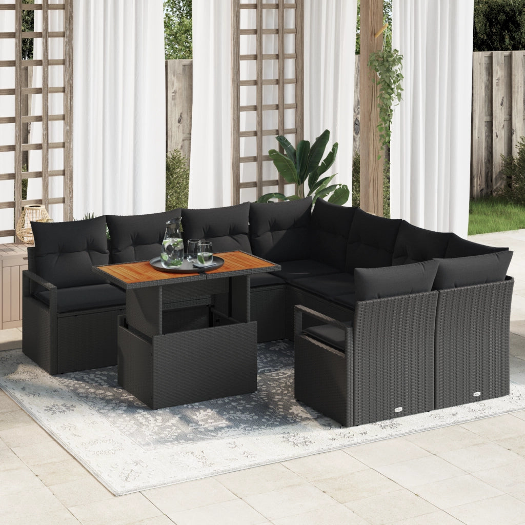 Set Divano da Giardino  9 Pezzi con Cuscini Nero Polyrattan