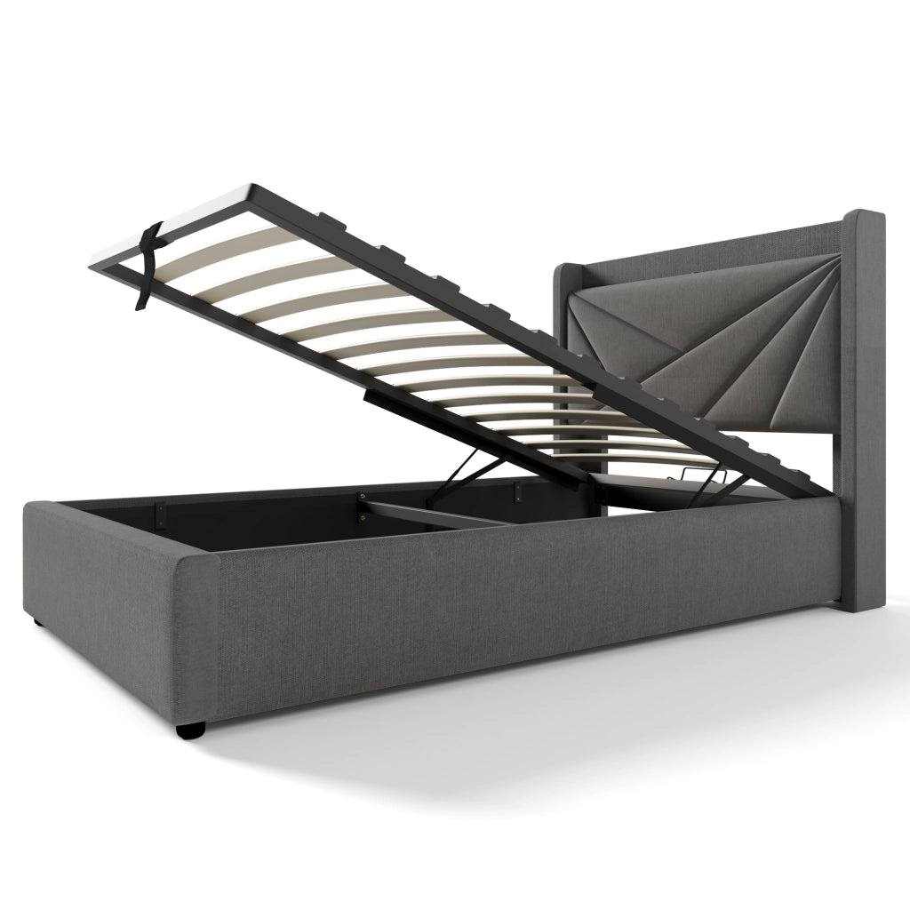 Letto singolo con contenitore 90x200 cm grigio, testiera geometrica, porte USB e Type-C, rete a doghe, senza materasso