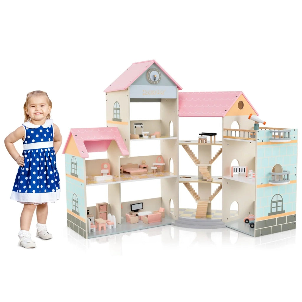 Casa delle bambole angolare 107 x 82,5 x 94,5 cm 3 piani 6 stanze atmosfera accogliente legno di pino rosa 20_0012634