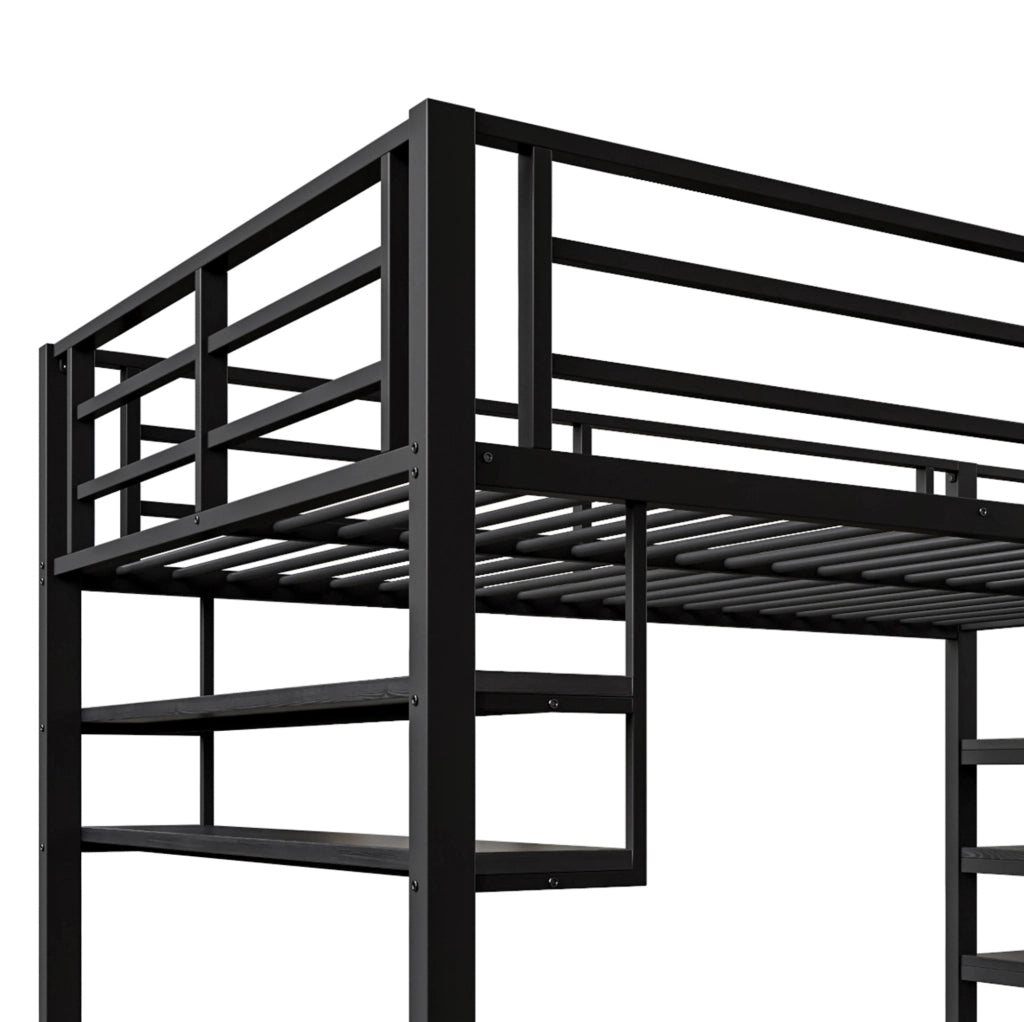 Letto a soppalco 140x200 cm con ripiani, scala contenitore e ringhiera di sicurezza