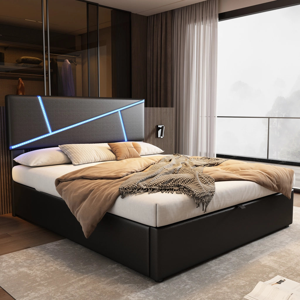Letto imbottito matrimoniale con LED, contenitore idraulico e rete a doghe, PU nero