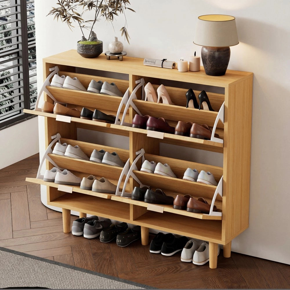 Scarpiera con 4 Ante Ribaltabili in Rattan ¨C MINIMAL ¨C Legno, Metallo, 100x25x90 cm