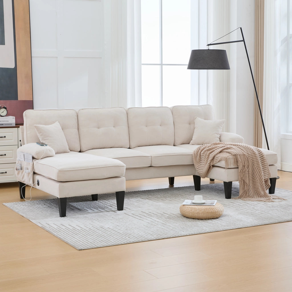Divano panoramico a U 4 posti con tasche laterali, ricarica USB e struttura stabile in tessuto di lino beige