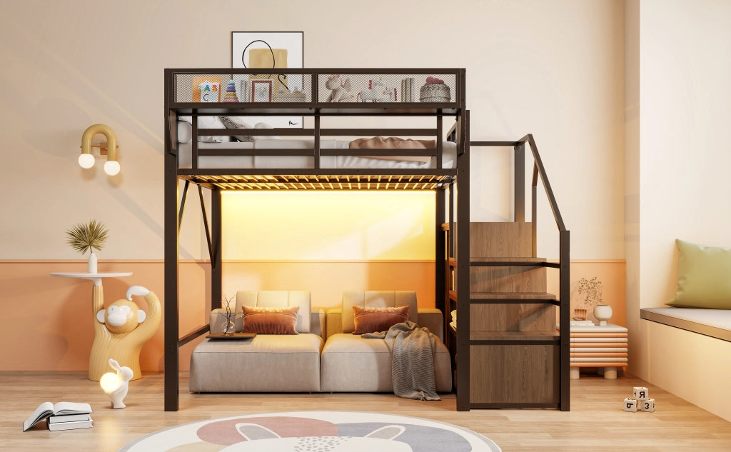 LETTO A CASTELLO 140x200 cm in metallo nero con scala e LED
