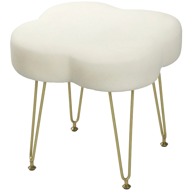 Sgabello imbottito a forma di quadrifoglio, rivestimento in poliestere, gambe in acciaio, crema bianco
