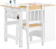 Tavolino Bambini con 1 Sedia, Set Tavolo e Sedie per Bambini Multiattività con 2 Ripiani, Tavolo Disegno e Gioco, Sedia Scrivania Cameretta Bianco e Naturale 80x50x66cm KMB60-WN