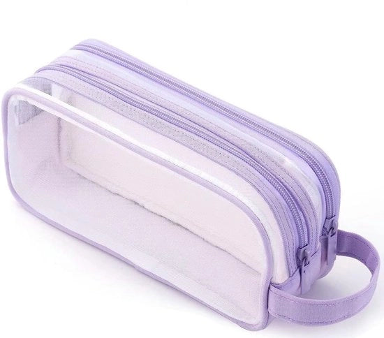 Etui trasparente per esami - Grande etui trasparente di cartone - con 2 compartimenti e chiusura a righello - Grande etui per penna e strumenti da scrivere - per scuola, università, ufficio casalingo, viaggi - colore blu viola