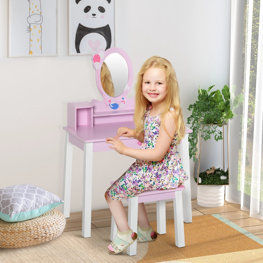 Tavolo da Trucco per Bambine con Specchio e Sgabello ¨C Zephmum ¨C Legno, Rosa