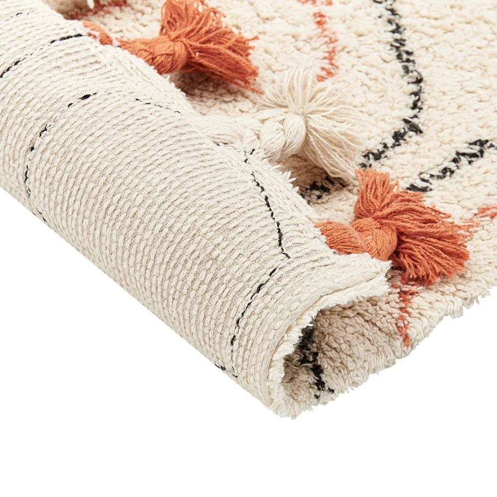 Tappeto in cotone beige e arancione 140 x 200 cm con frange e motivo geometrico camera da letto soggiorno stile boho