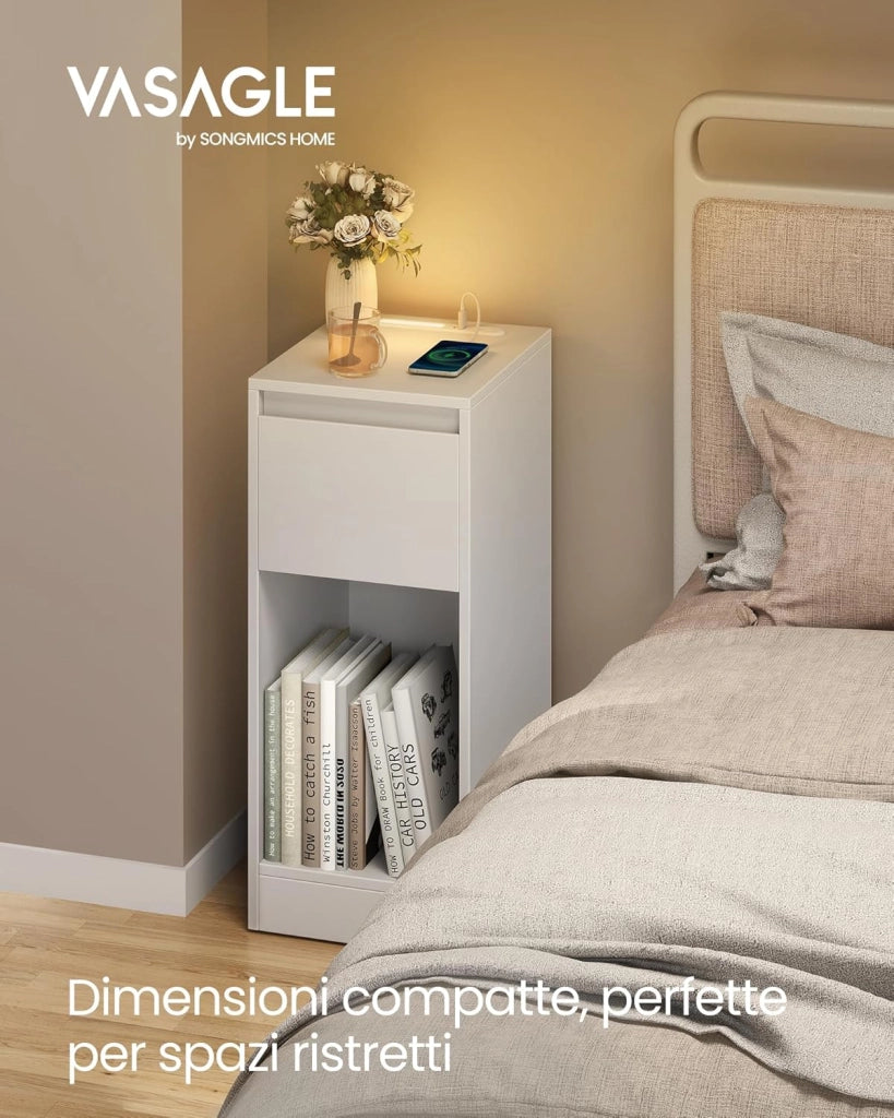 VASAGLE Comodino sottile con stazione di ricarica e luce LED, set di 2 tavolini laterali stretti, porte USB, cassetto e scomparto aperto, per camera da letto, soggiorno, bianco nuvola LET710W01