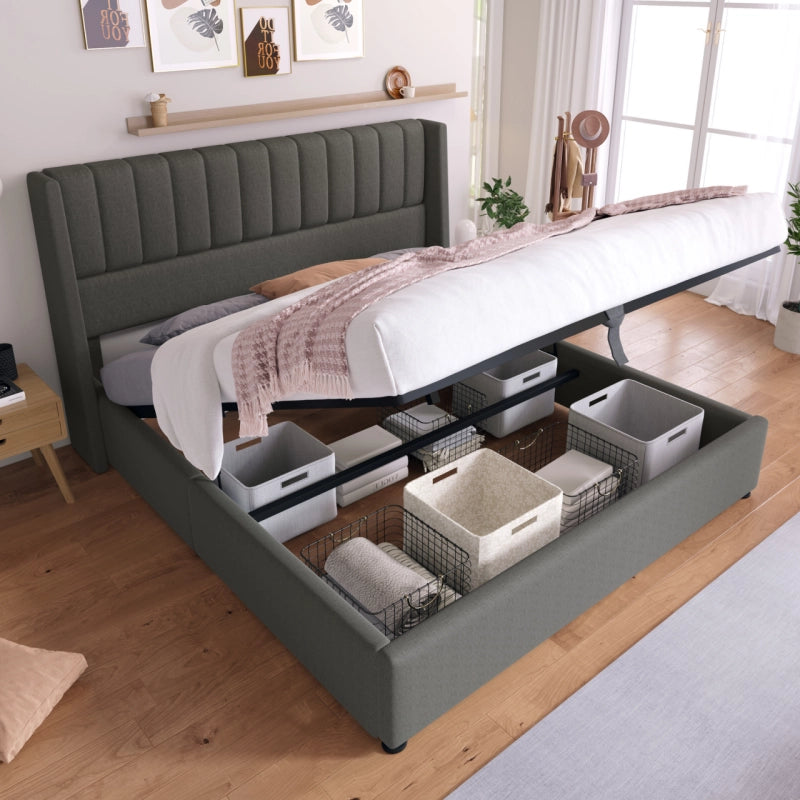 OKWISH Letto Contenitore 180×200 cm, Letto Matrimoniale con Contenitore, Testiera Imbottita e Doghe, senza Materasso, in Lino, Grigio