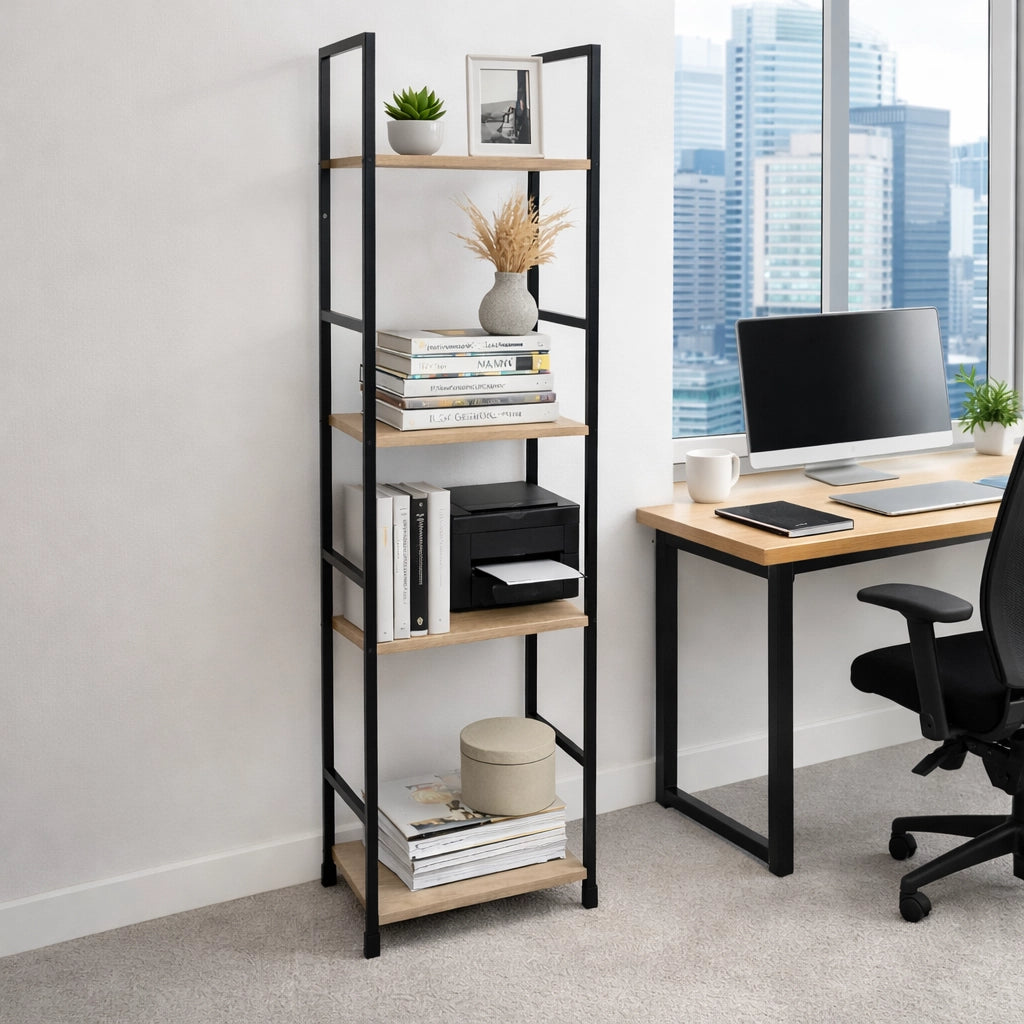 Mobile Scaffale Industrial 4 Ripiani Metallo Nero Legno Mdf Rovere 29x24 H112cm