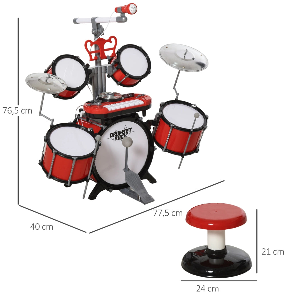 Batteria Musicale per Bambini con Sgabello ¨C Xylo ¨C 4 Tamburi, Microfono, Piatti, Bacchette, Rosso, +3 Anni