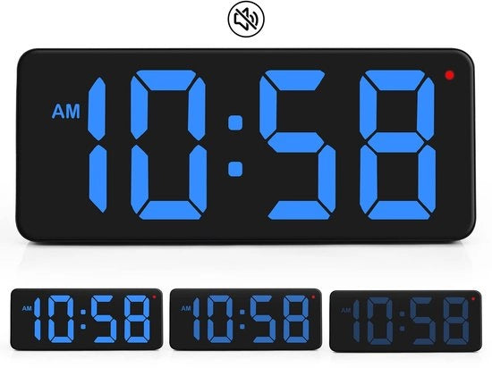 Orologio Digitale da Parete con Grande Display Numerico, Incluso Adattatore e Supporto da Tavolo Ripiegabile, Regolazione di Luce Automatica, 12/24 H, (L) 215 x (B) 85 x (H) 20 mm - Blu