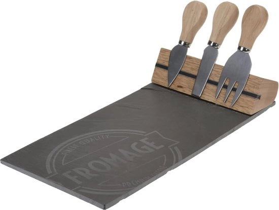 Set di formaggio in pietra e bambù, 4 pezzi, 30 x 15 cm, piatto da servire con posate e tenuta con magneti, piatto di pietra, tavola di formaggio, piatto da buffet con set di formaggio adatto per alimenti