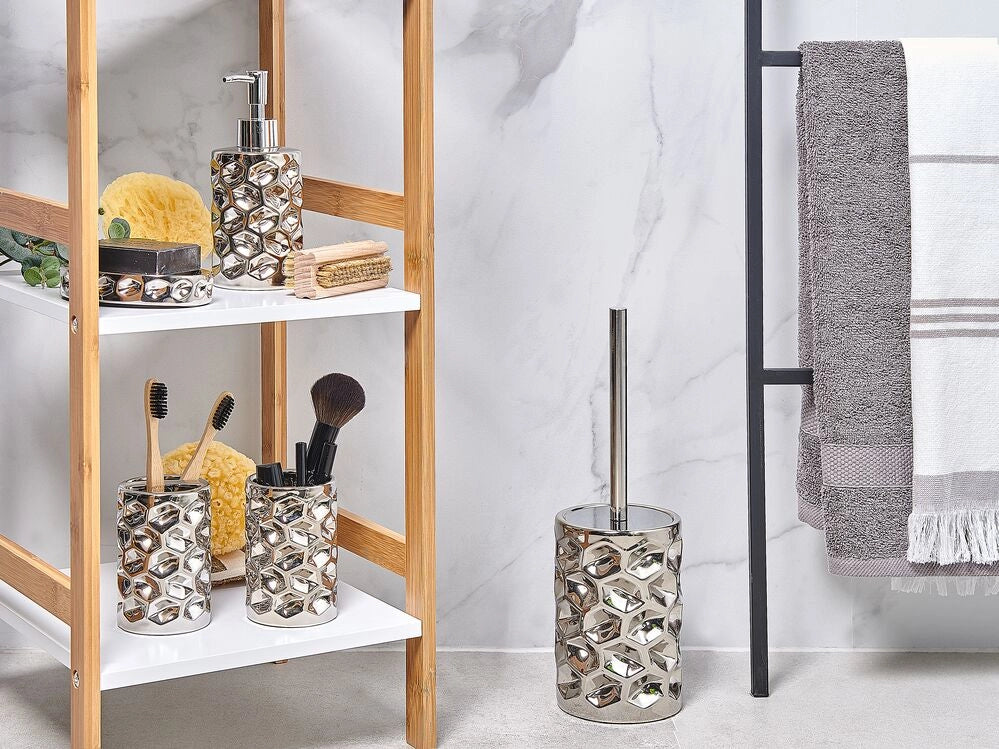 Set di 5 Accessori Bagno in Ceramica Argento portasapone dispenser Bicchiere e Portascopino