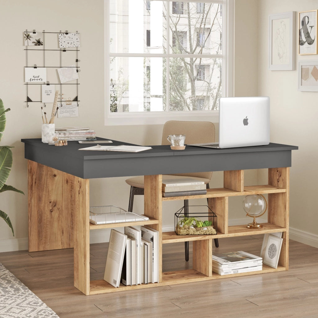 Scrivania in legno "CT5" - 129 x 120 x 72 cm - Pino Atlantico Antracite