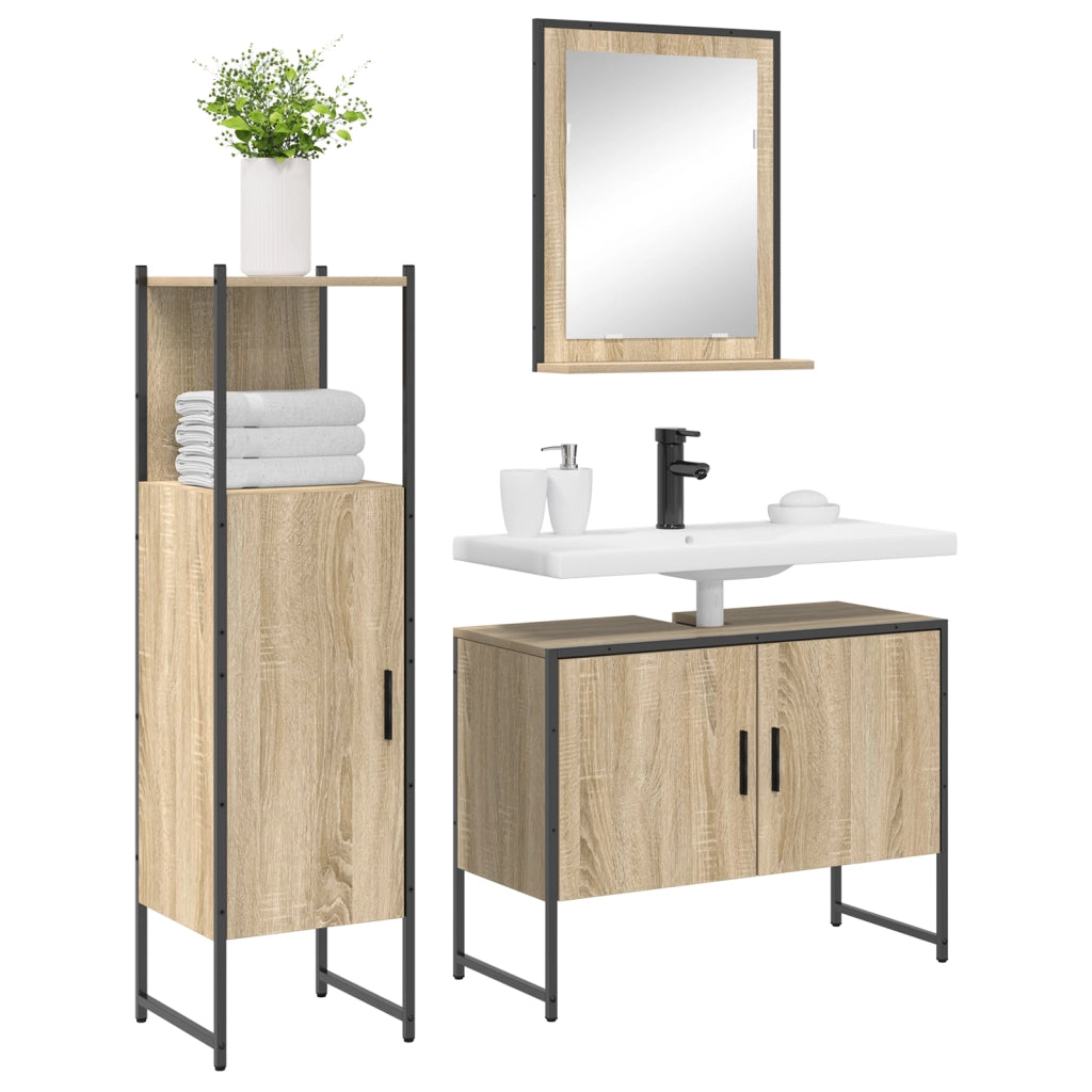Set di Mobili da Bagno  in 3 Pezzi Rovere Chiaro Legno Ingegnerizzato