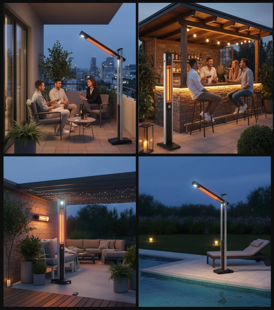 Stufa Elettrica ad infrarossi da Esterno 50x25x200 cm in Fibra di Carbonio con Luce Led Skyline Bianco Latte