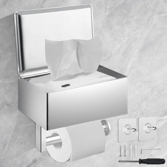 Houder per carta igienica per wc in alluminio nero con piastra, dispensatore di asciugamani lavabili e contenitore per la stanza da bagno, tiene i pannolini fuori dalla vista - supporto per parete in acciaio inossidabile (argento)