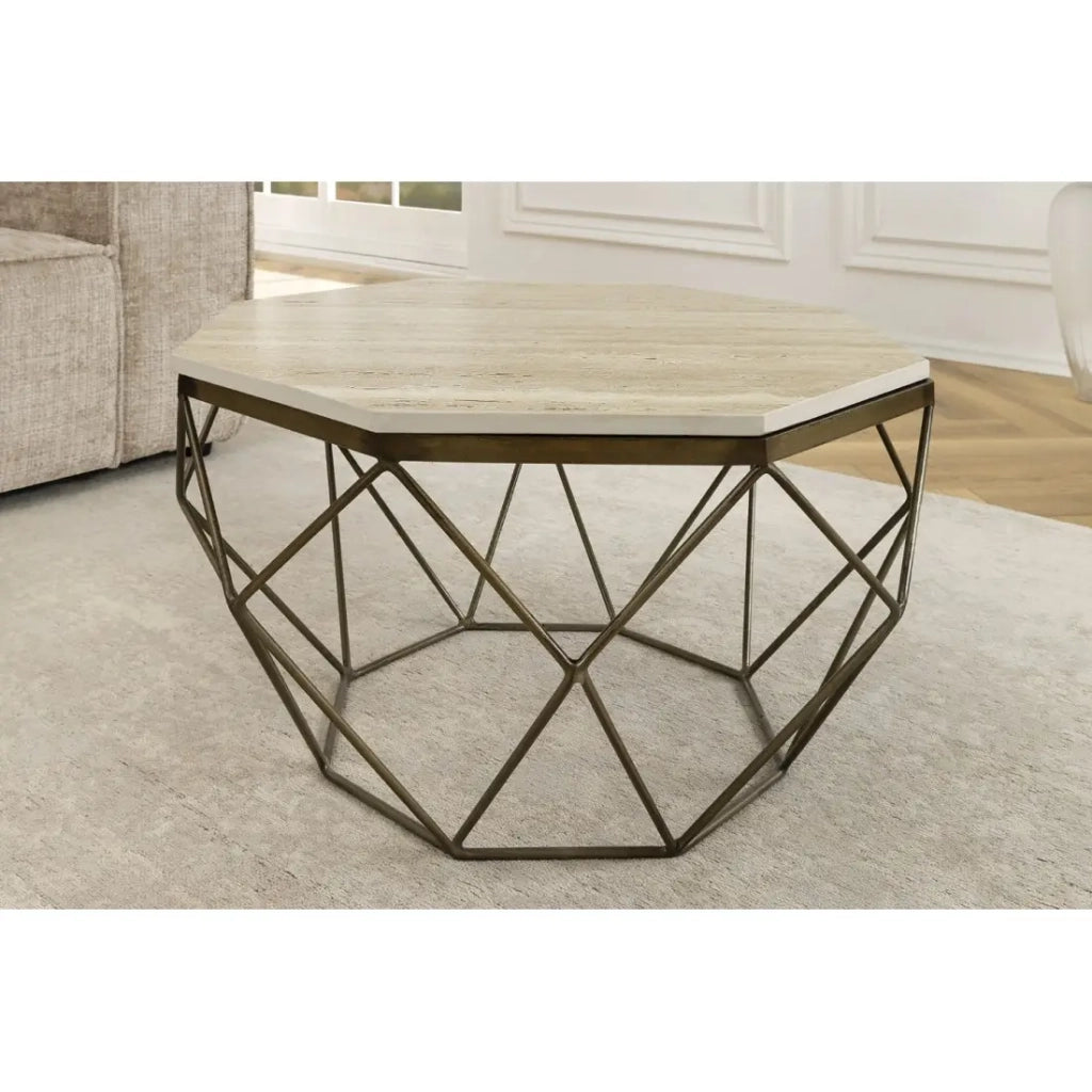 Tavolino basso NEXORA 70 cm in travertino beige e metallo finitura ottone design geometrico