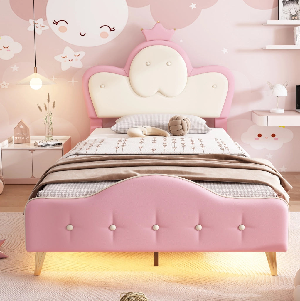 Letto singolo 90x200 cm con LED; testiera ondulata e corona; PU bianco e rosa