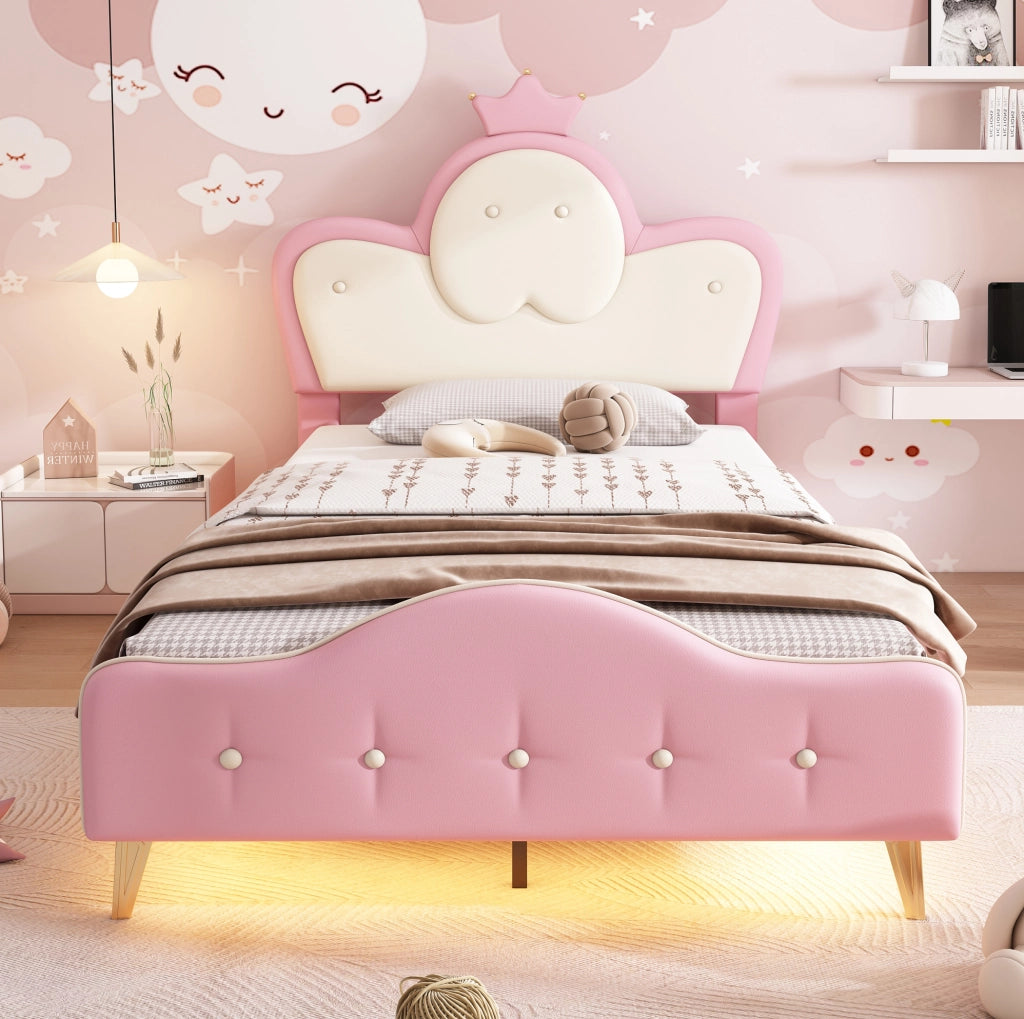 Letto singolo 90x200 cm con LED; testiera ondulata e corona; PU bianco e rosa