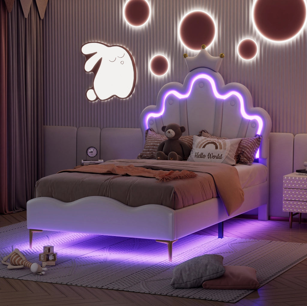 Letto singolo 90x200 cm a corona con LED, rivestimento in PU bianco
