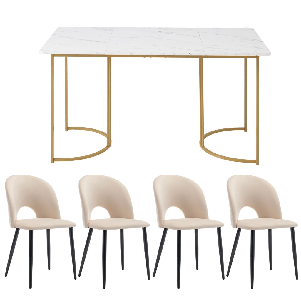 Set Tavolo da Pranzo Allungabile con 4 Sedie Velluto ¨C Xylo ¨C Beige, Piano MDF Bianco, Gambe Dorate 140x80