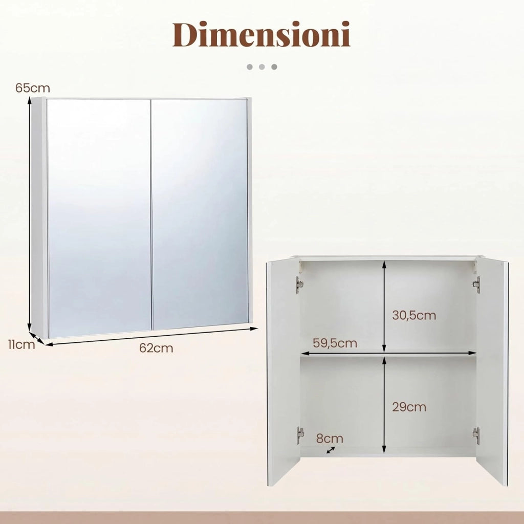 Armadietto da Bagno con Specchio a 2 Ante, Mobiletto da Parete Pensile Salvaspazio in Legno, Mobile Bagno Sospeso per Camera da Letto, Ingresso e Soggiorno, 62 x 11 x 65 cm (Bianco)