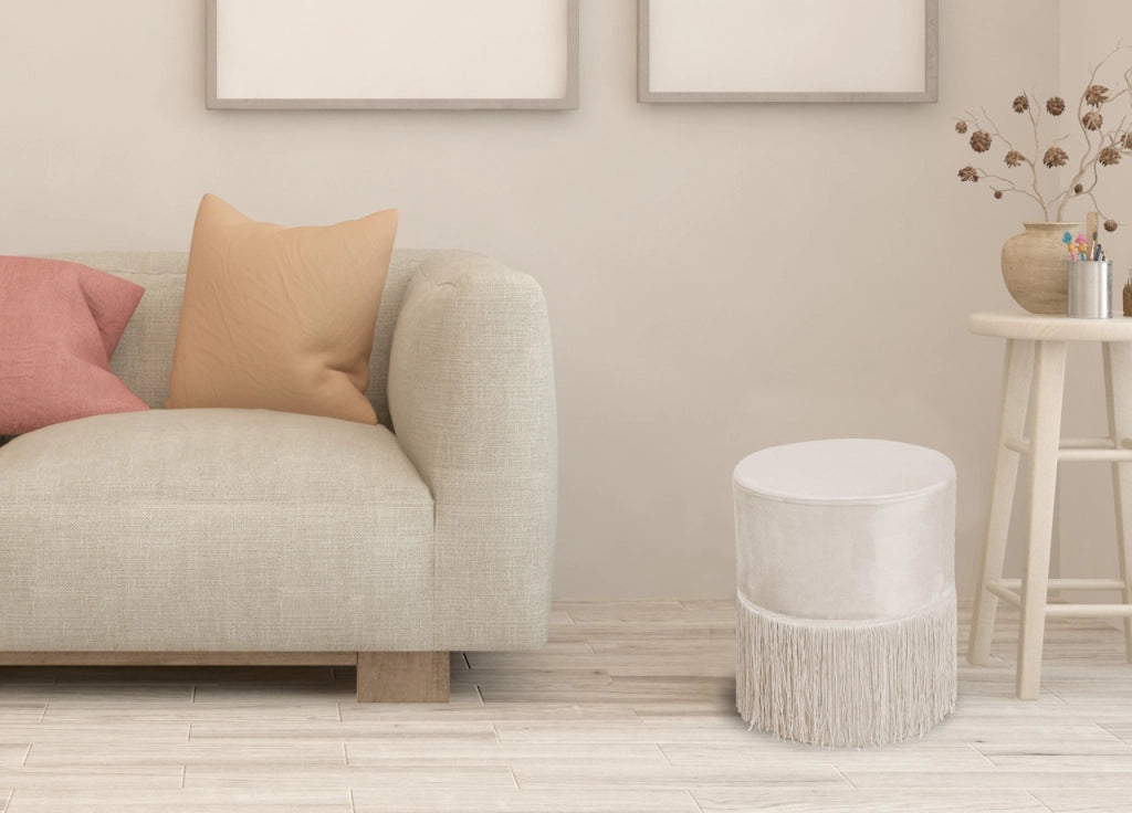 Pouf Salotto/Camera Con Frangette Imbottito Modello Velvet Malibù Tinta Unita - Pouf - Beige