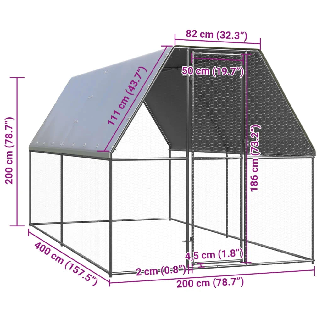 Pollaio recinto per polli da esterno 2 x 4 x 2 m acciaio zincato argento 02_0043993