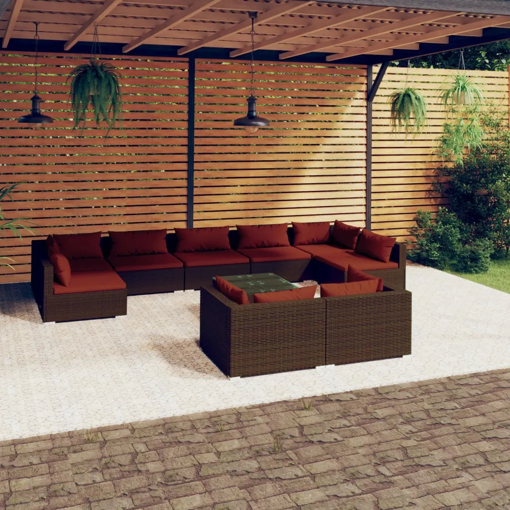 Set Divani da Giardino 10 pz con Cuscini in Polyrattan Marrone 3102067