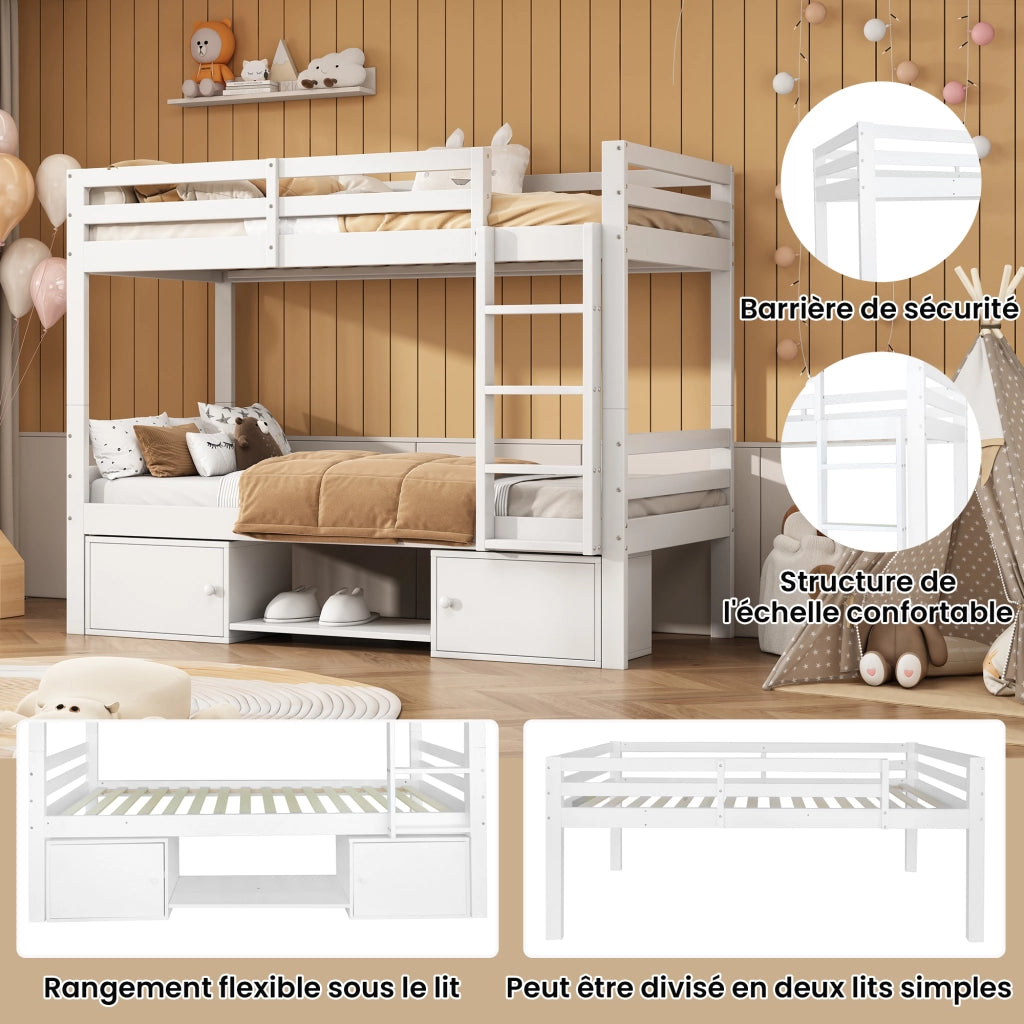 Letto a Castello 90x200 cm - con Scaffale; Armadio; in Legno Massello e MDF - Bianco