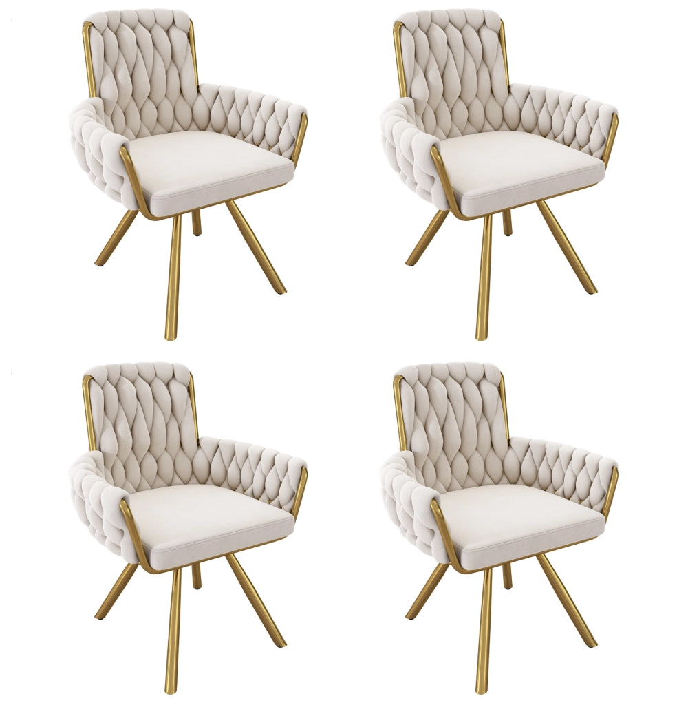 Set di 4 sedie girevoli in velluto beige con schienale alto e braccioli