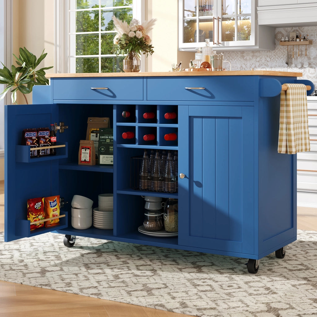 Carrello da Cucina con Ripiani Regolabili; Portabottiglie e Ruote con Freno; in MDF e Metallo; Blu; 102x45x92 cm