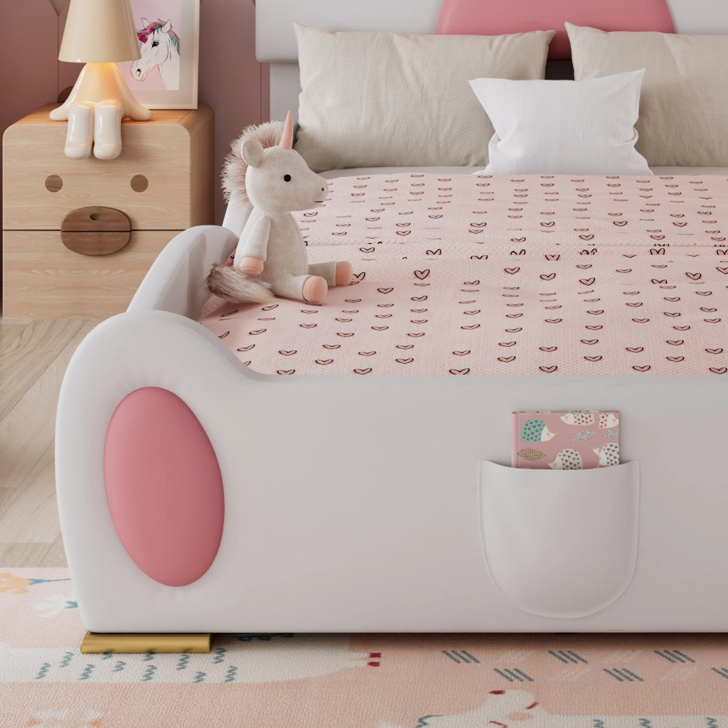 DESMIU Letto per bambini 90 × 200 cm con scivolo, scala a 2 gradini e tasca, senza materasso, in PU, bianco e rosa