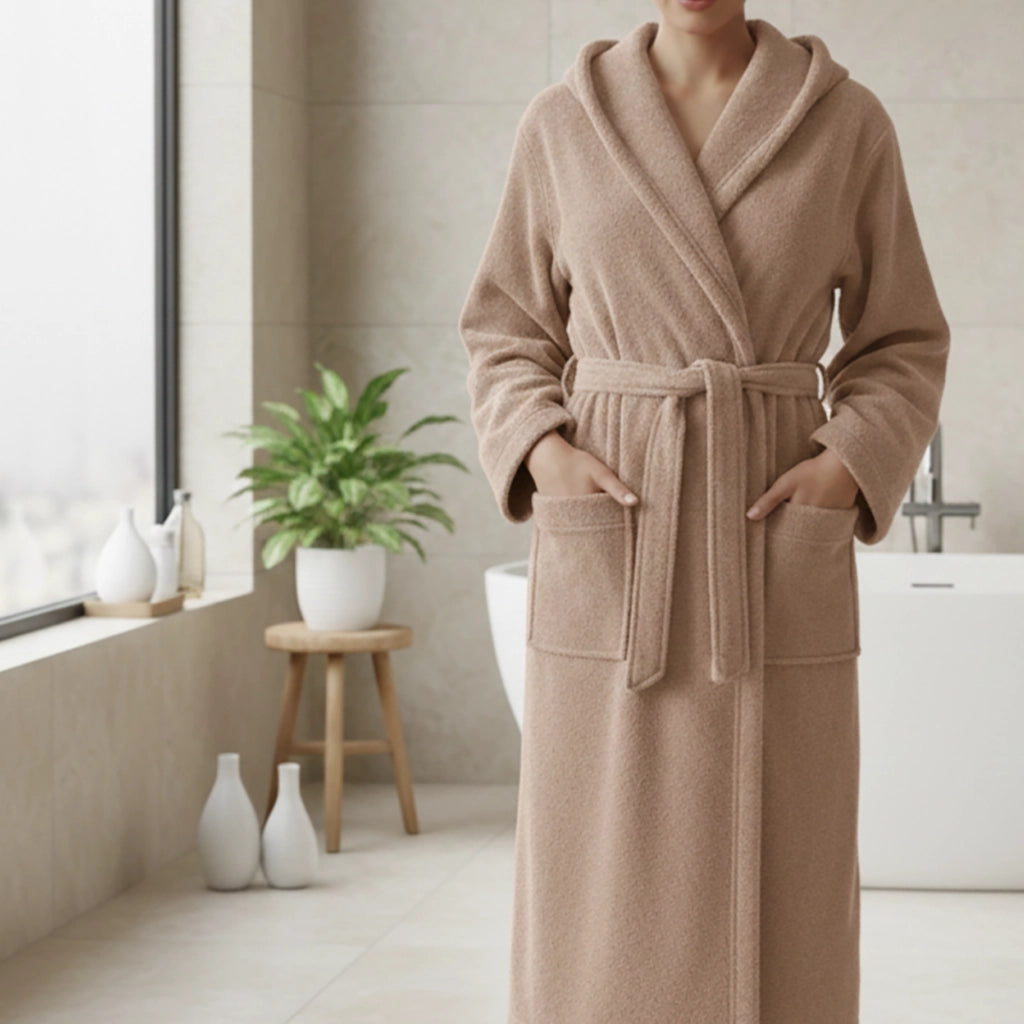 Satina, Accappatoio 100% Cotone con Cappuccio, Marrone Sabbia