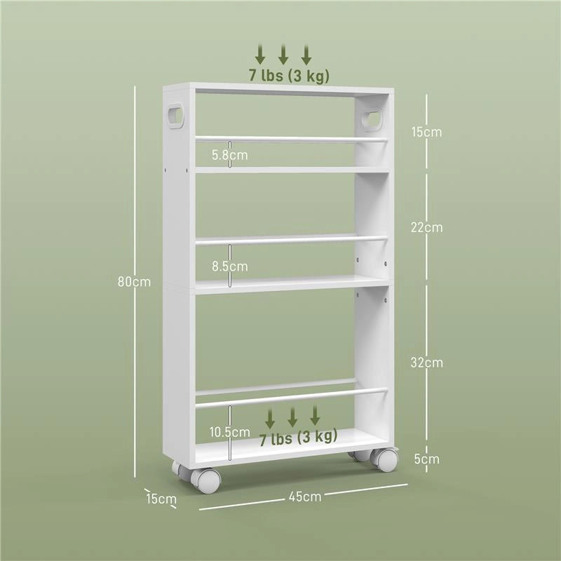 CARRELLO DA CUCINA E BAGNO SALVASPAZIO A 3 LIVELLI CON BARRE LATERALI E RUOTE CON FRENI BIANCO 45X15X80 CM