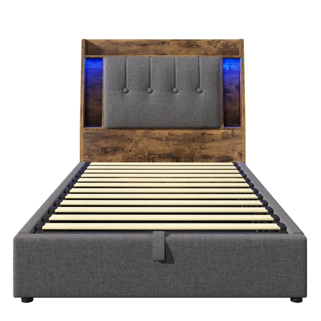Letto imbottito 90x200 cm con ricarica USB e Type-C; LED e contenitore in lino e MDF