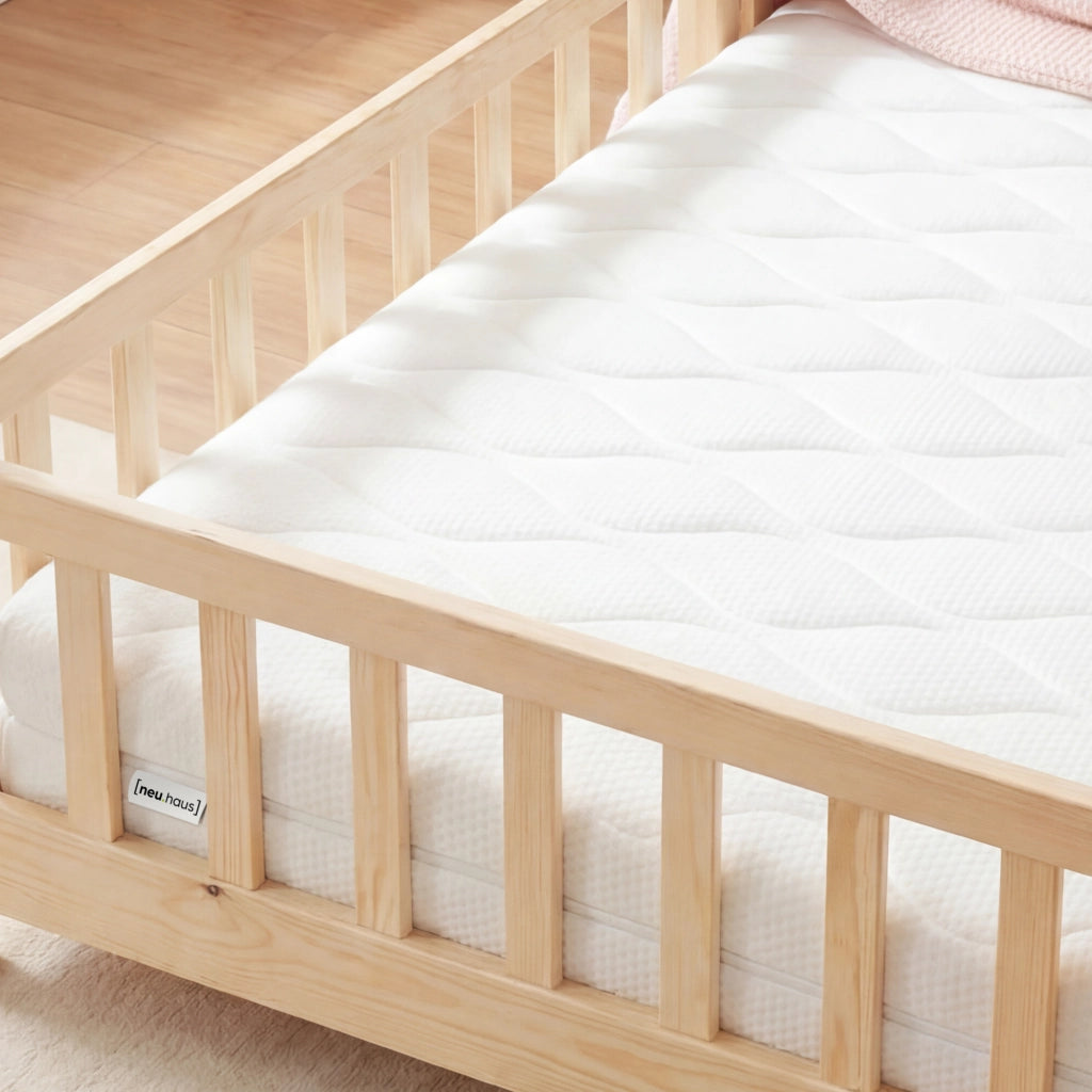 Letto per Cameretta Treviolo a Forma di Casetta in Stile Montessori con Materasso 120x200 cm - Color Naturale [en.casa]