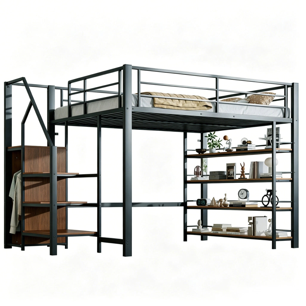 Letto a soppalco 140x200 cm nero metallo con scala contenitore