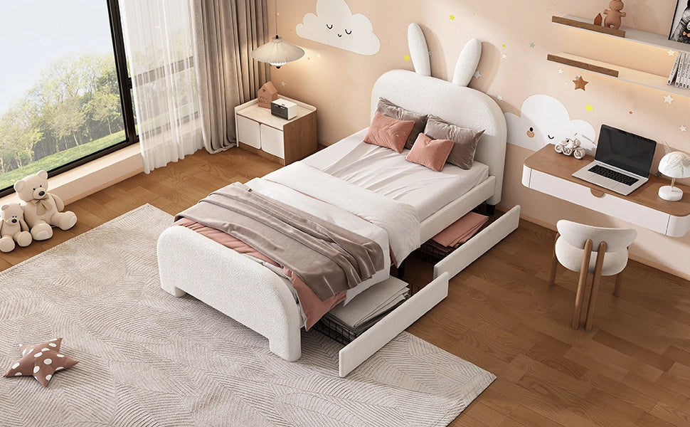 DESMIU Letto per Bambini 1 Posto con 2 Cassetti e Testiera Coniglio 90 × 200 cm, senza materasso, in Peluche e MDF, Bianco