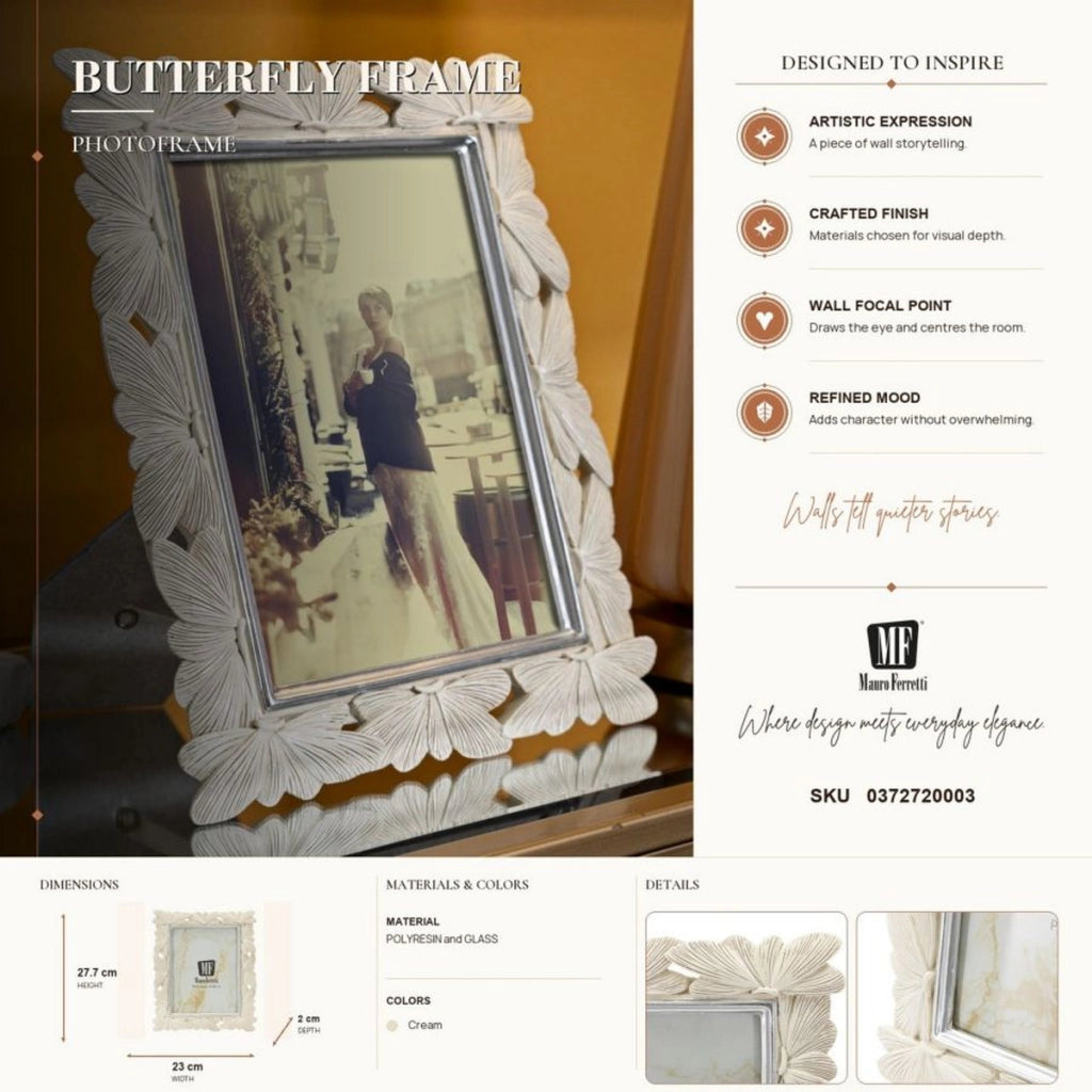 Cornice portafoto Butterfly in resina crema con farfalle e profili argento 15x20