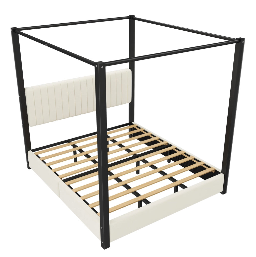 Letto a baldacchino 180x200 cm con testiera in velluto MDF e metallo beige e nero